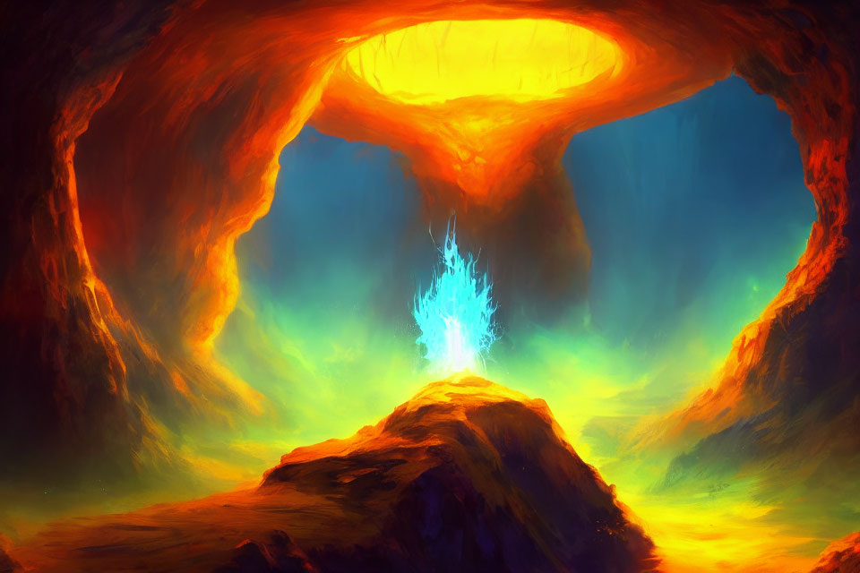 Colorful Fantasy Landscape with Fiery Cave Ceiling and Blue Energy Formation