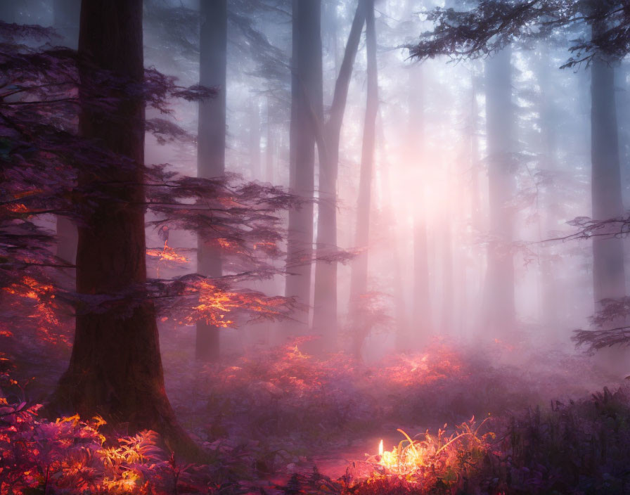 Enchanting foggy forest with tall trees in soft purple and pink light