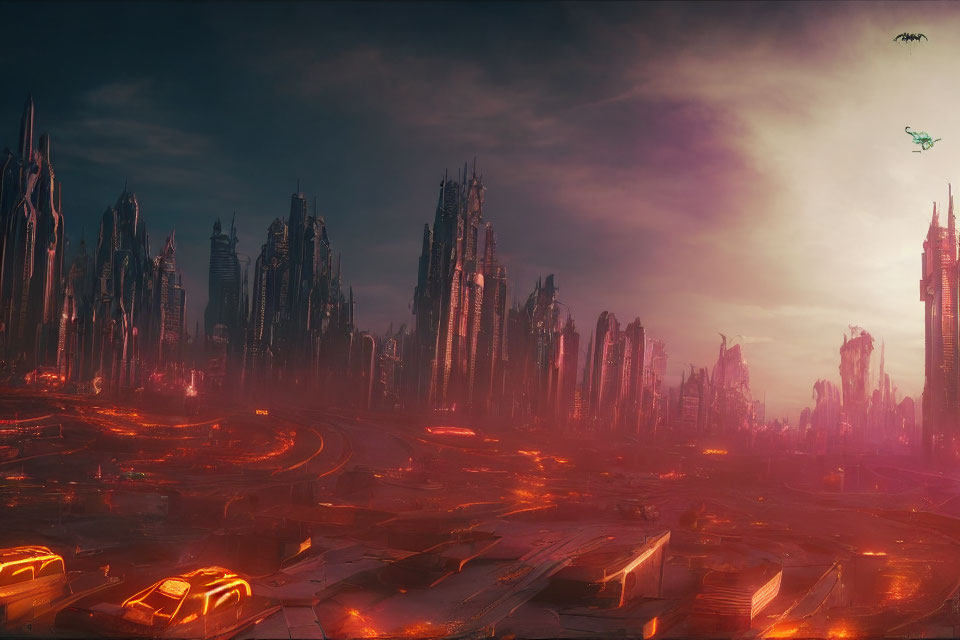 Futuristic cityscape with skyscrapers, glowing roads, and flying vehicles