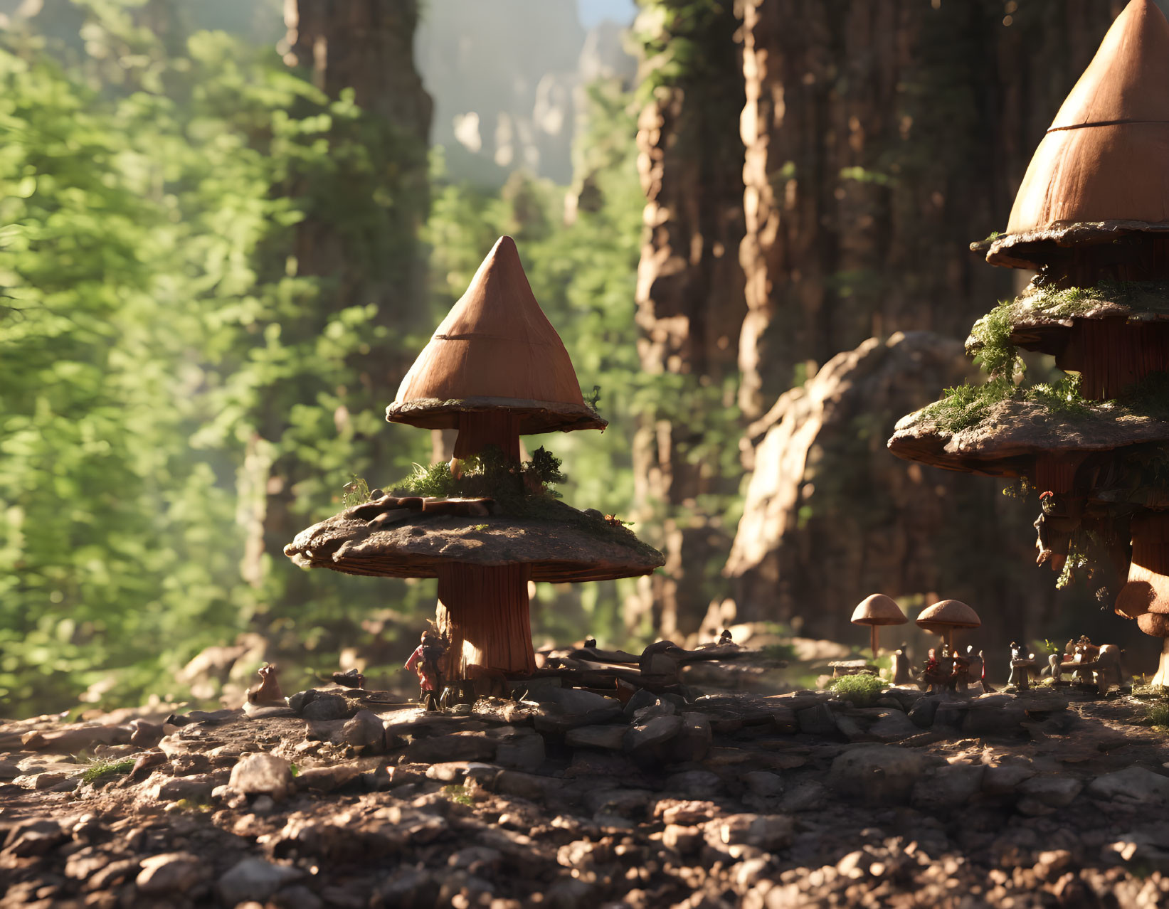 Whimsical mushroom-shaped houses in serene forest landscape