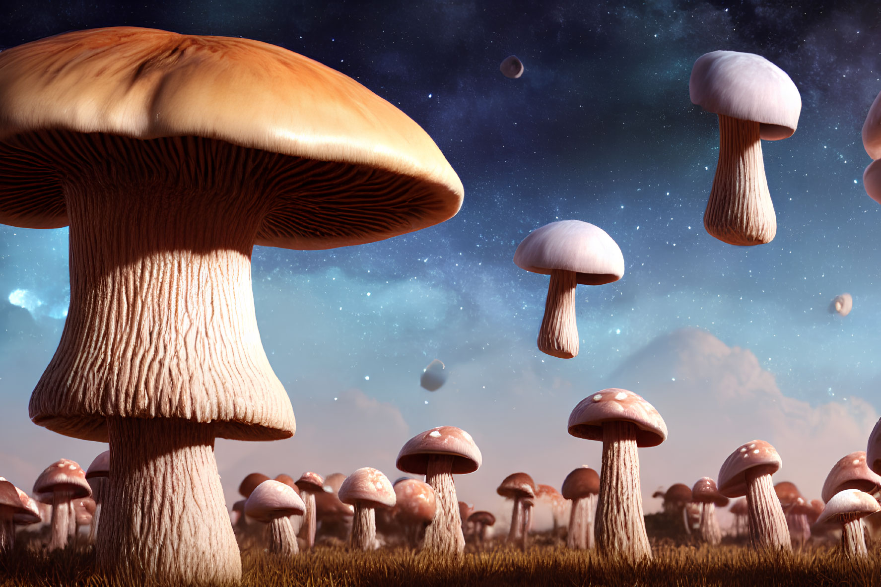 Fantastical landscape with giant and small mushrooms under twilight sky