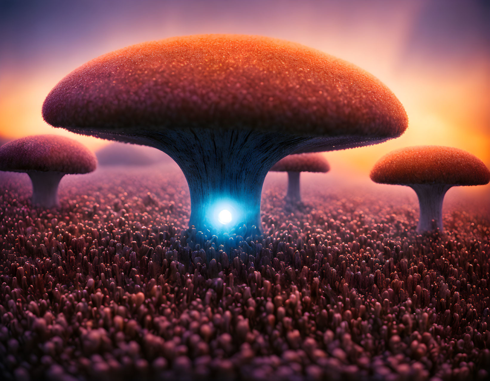 Surreal landscape with oversized mushrooms and glowing orb in twilight sky