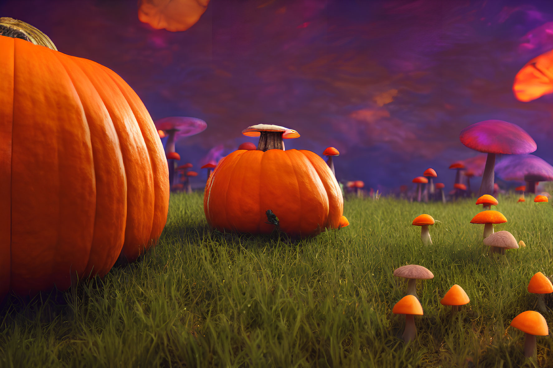 Fantasy twilight landscape with pumpkins, colorful mushrooms, purple and orange sky