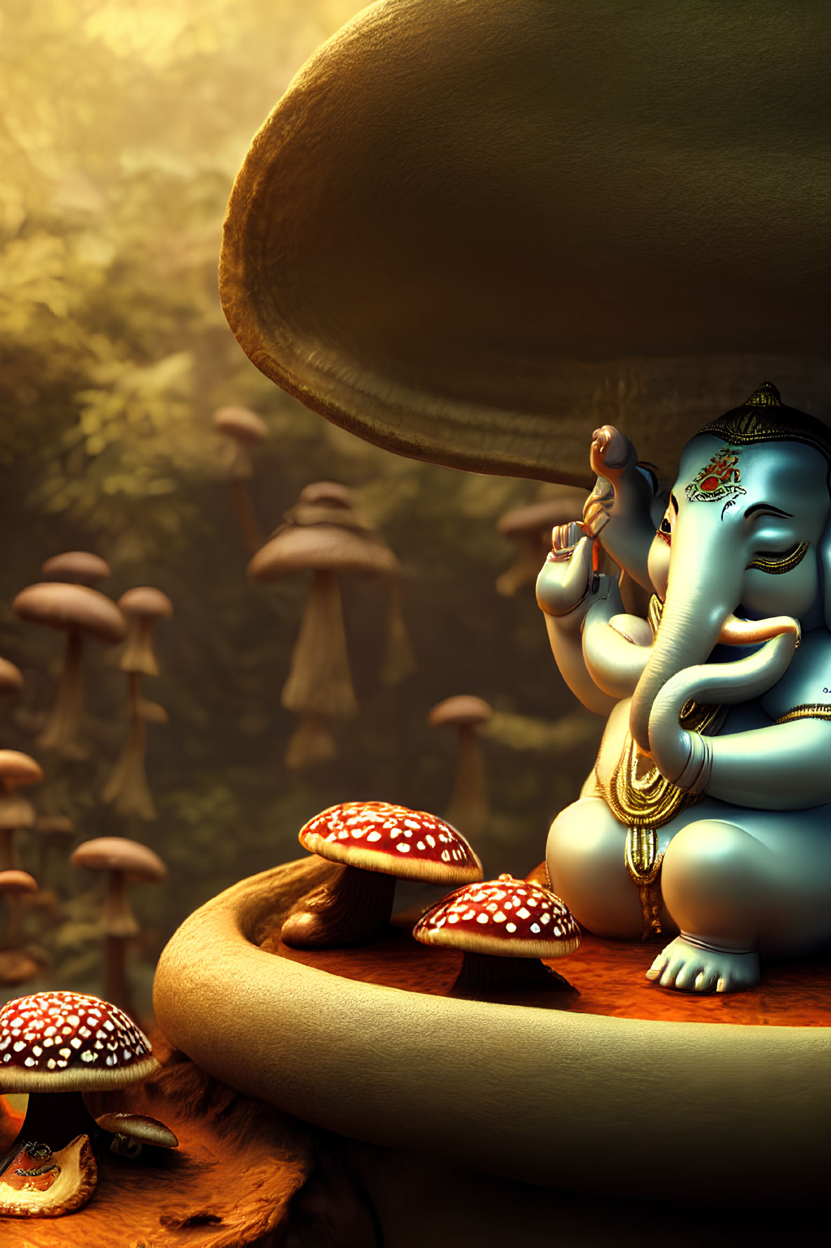 Lord Ganesha under large leaf in mushroom forest with golden glow