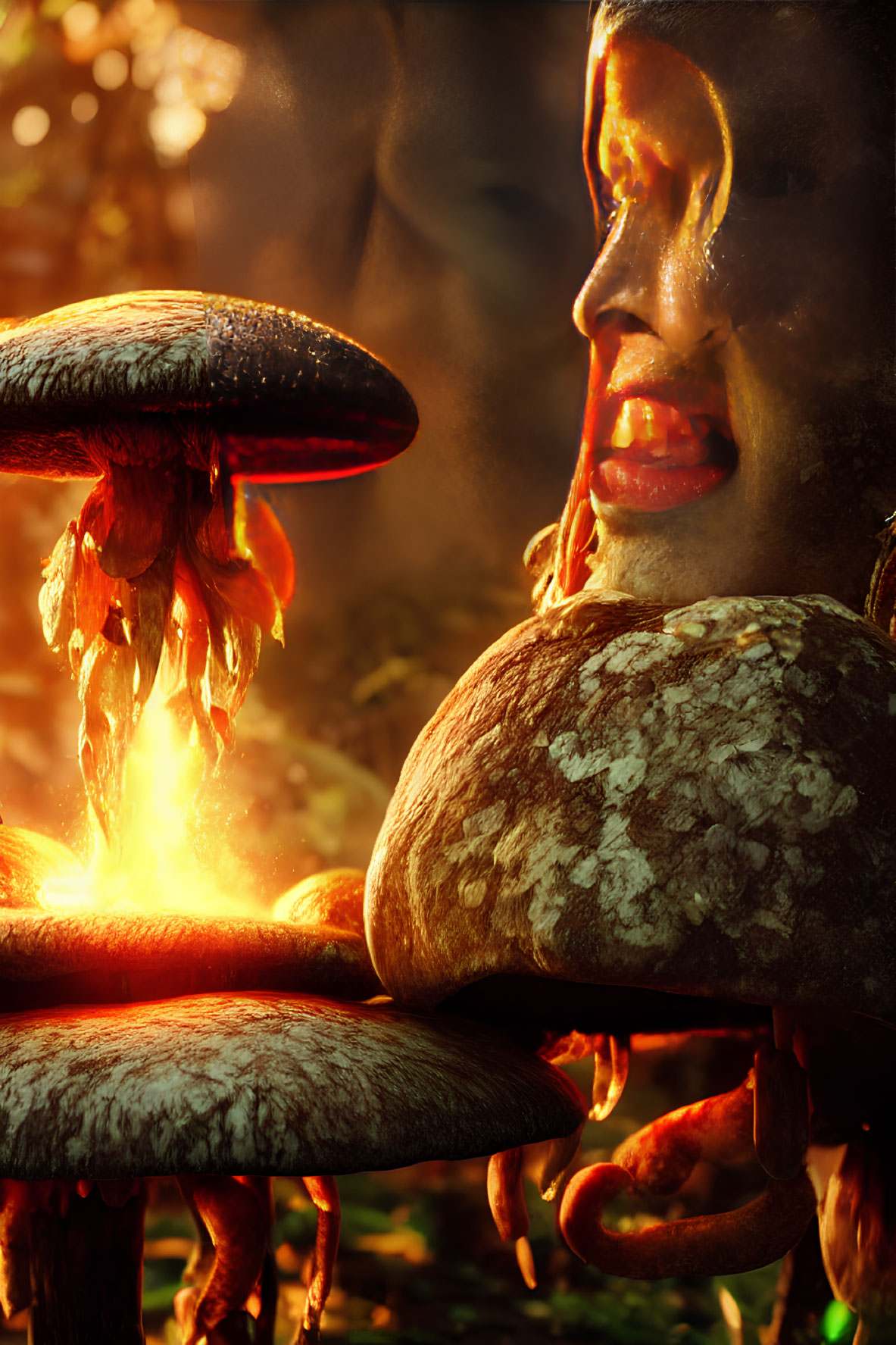 Ethereal face behind glowing mushrooms in mystical forest