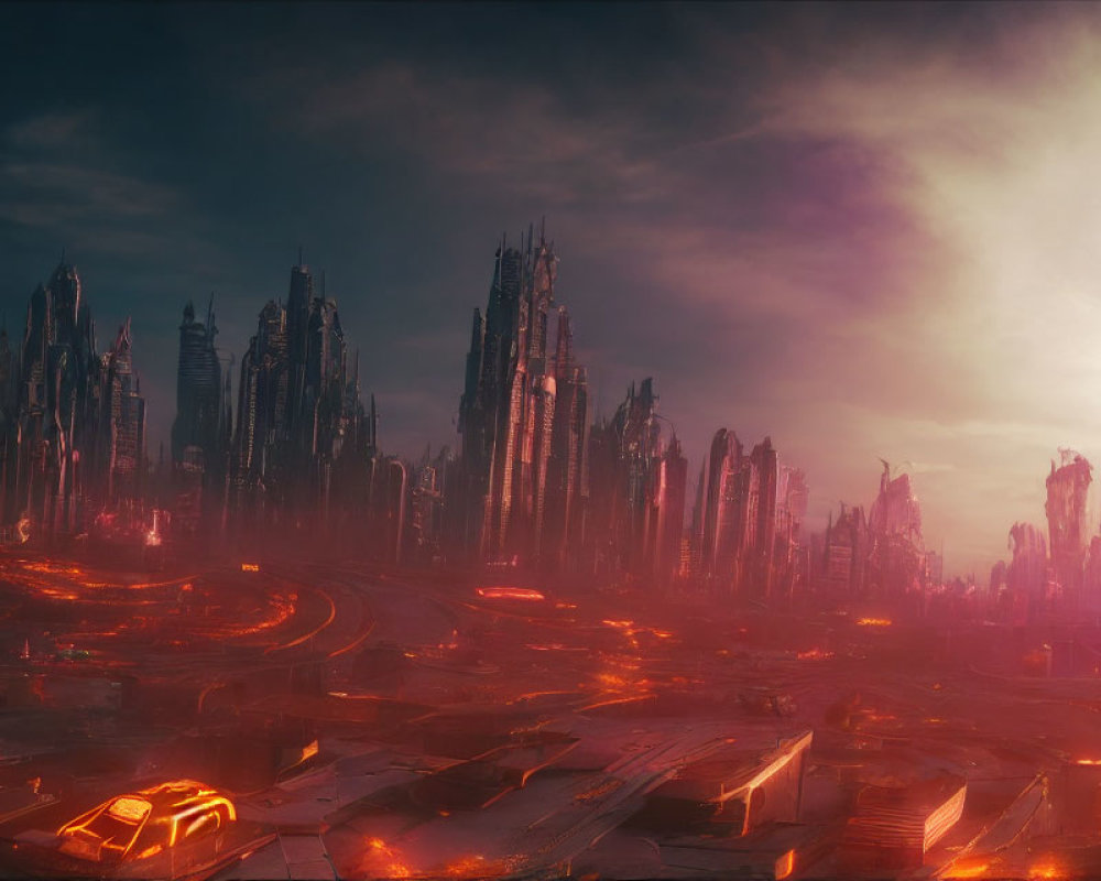 Futuristic cityscape with skyscrapers, glowing roads, and flying vehicles