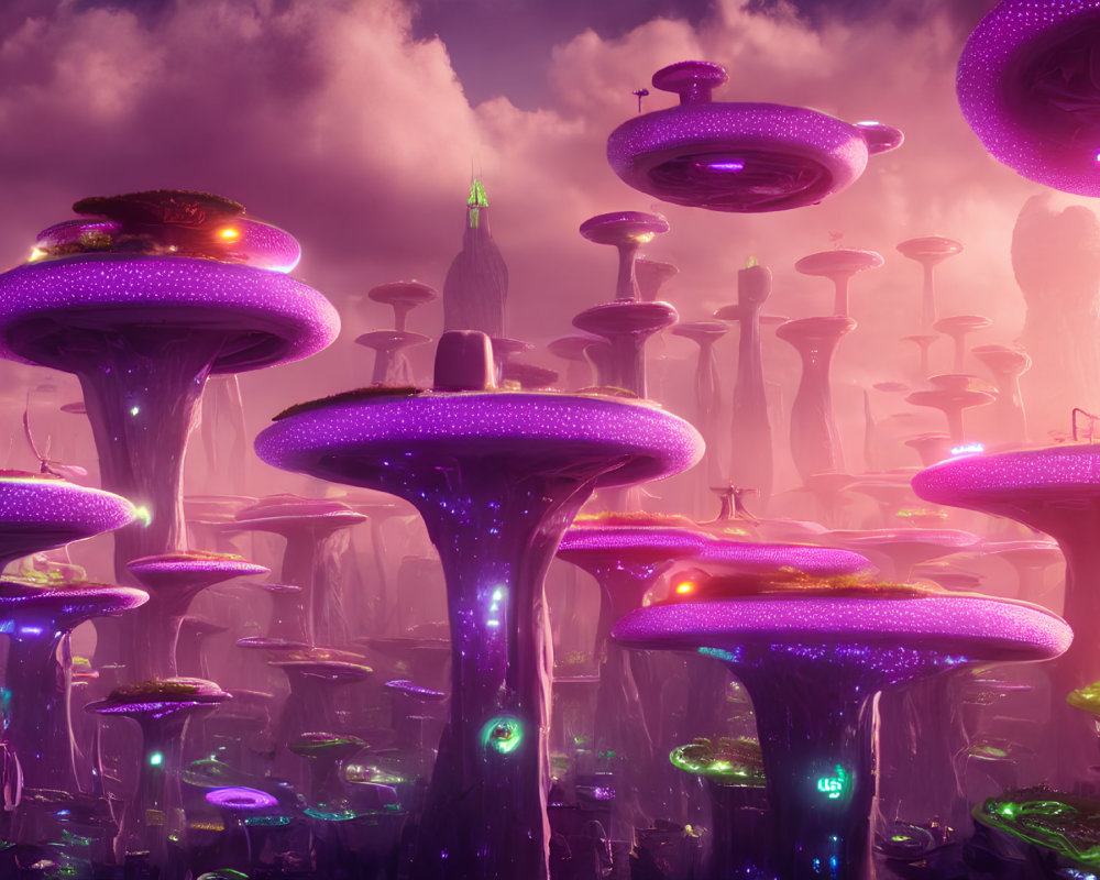 Alien cityscape with purple mushroom-like towers under pink sky