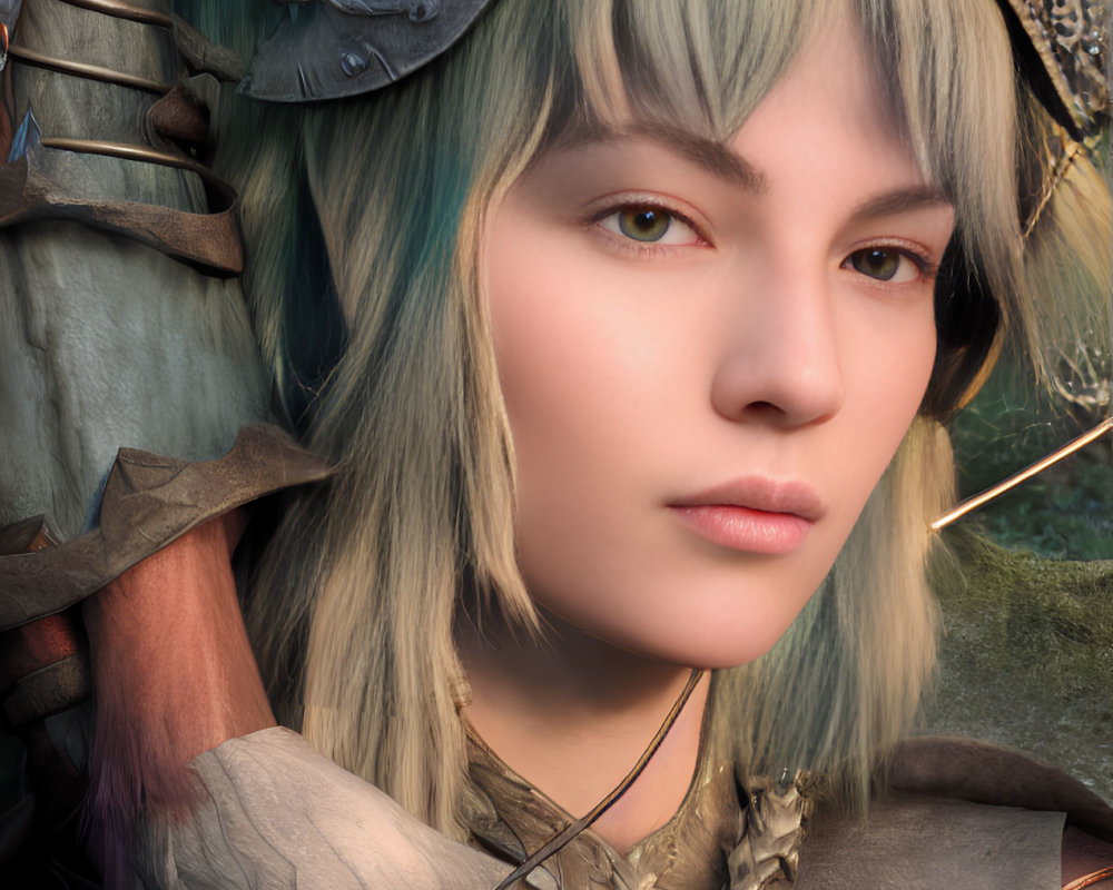 Fantasy female warrior digital artwork with green-tinted hair and rustic bone and leather armor.