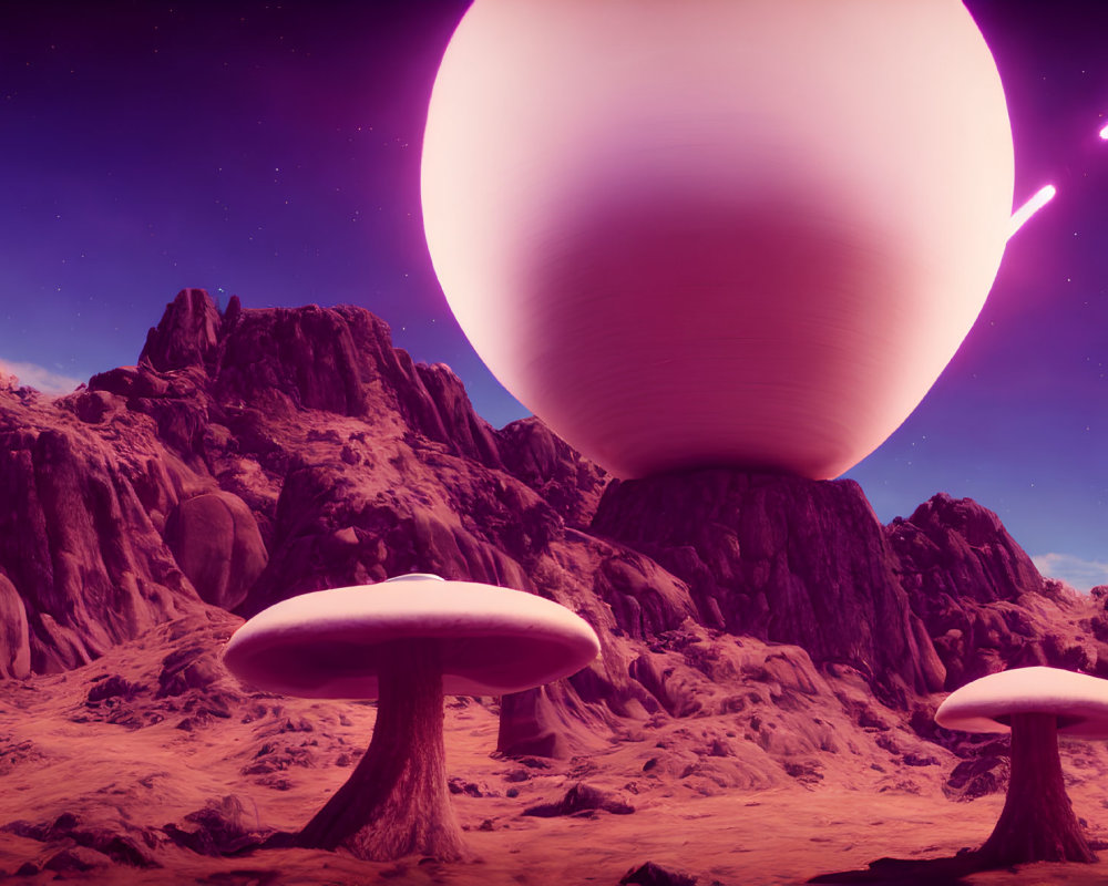 Surreal extraterrestrial landscape with pink planet, purple sky, and giant mushrooms