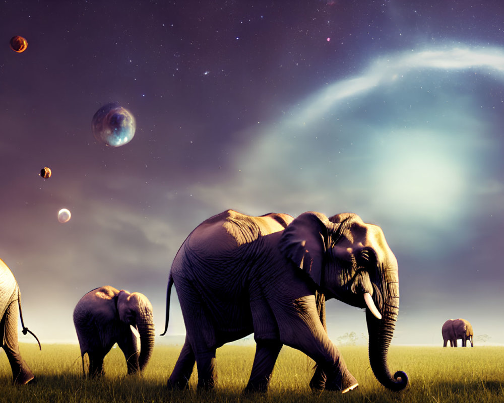 Elephants walking under starry sky with galaxies and planets