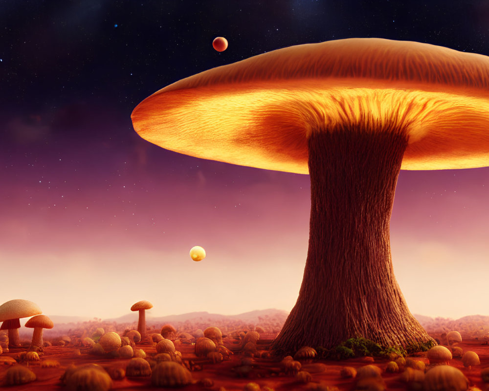 Surreal landscape featuring oversized mushrooms under dusky sky