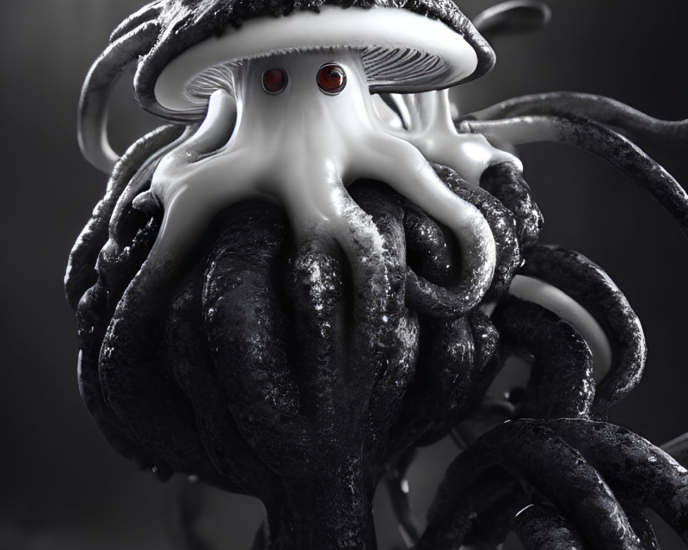 Octopus and Chess Pawn Hybrid Creature with Red Eyes on Dark Background