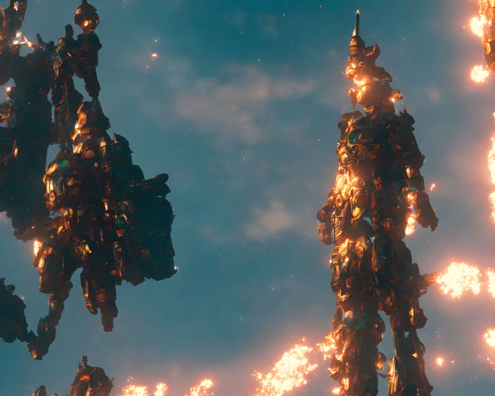 Alien towers in glowing ember landscape under dreamy sky