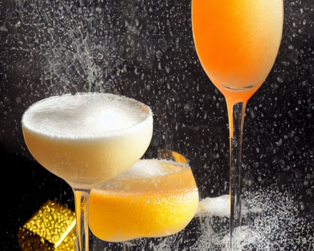 Frothy Cocktails in Coupe and Flute Glasses on Dark Background