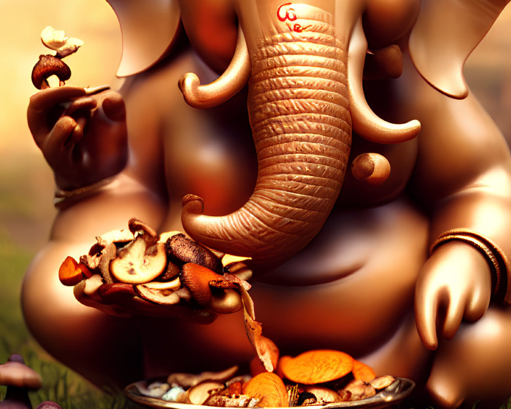 Vibrant Hindu deity Ganesha with mouse, mushrooms, and sweets