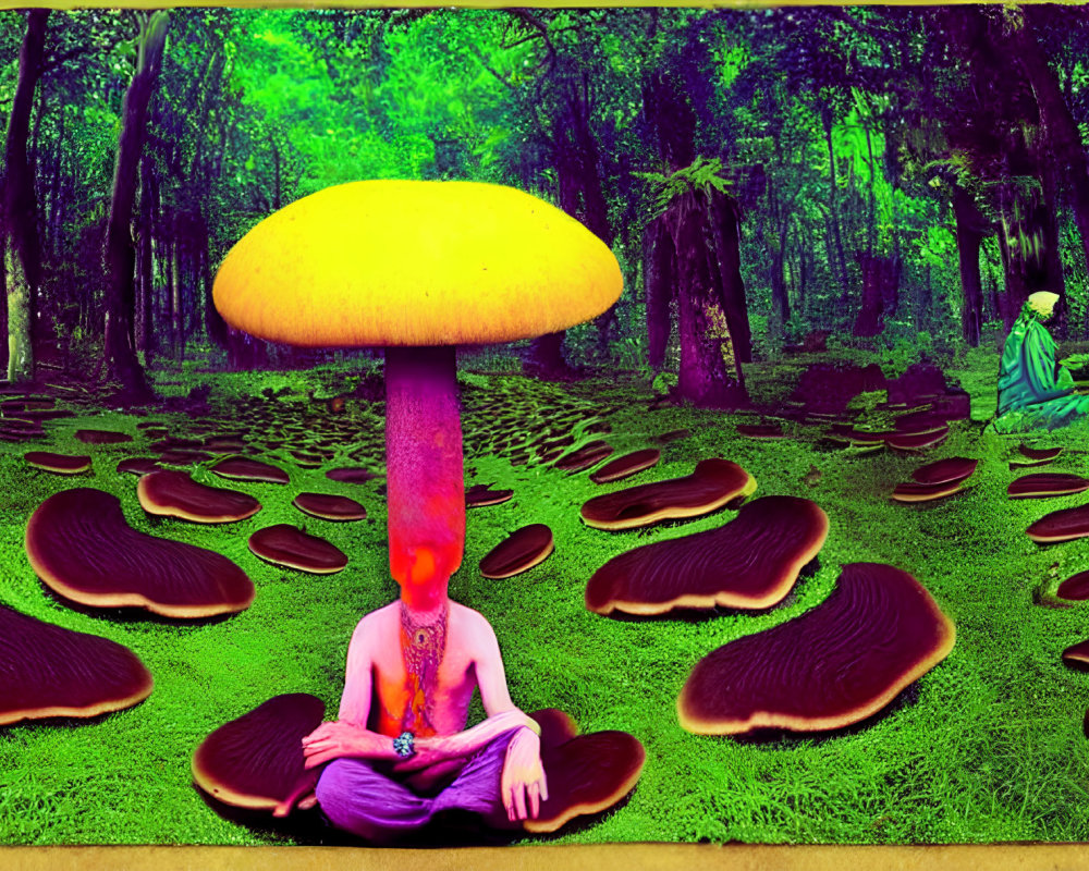 Vibrant surreal forest scene with oversized yellow-capped mushroom and meditating figure