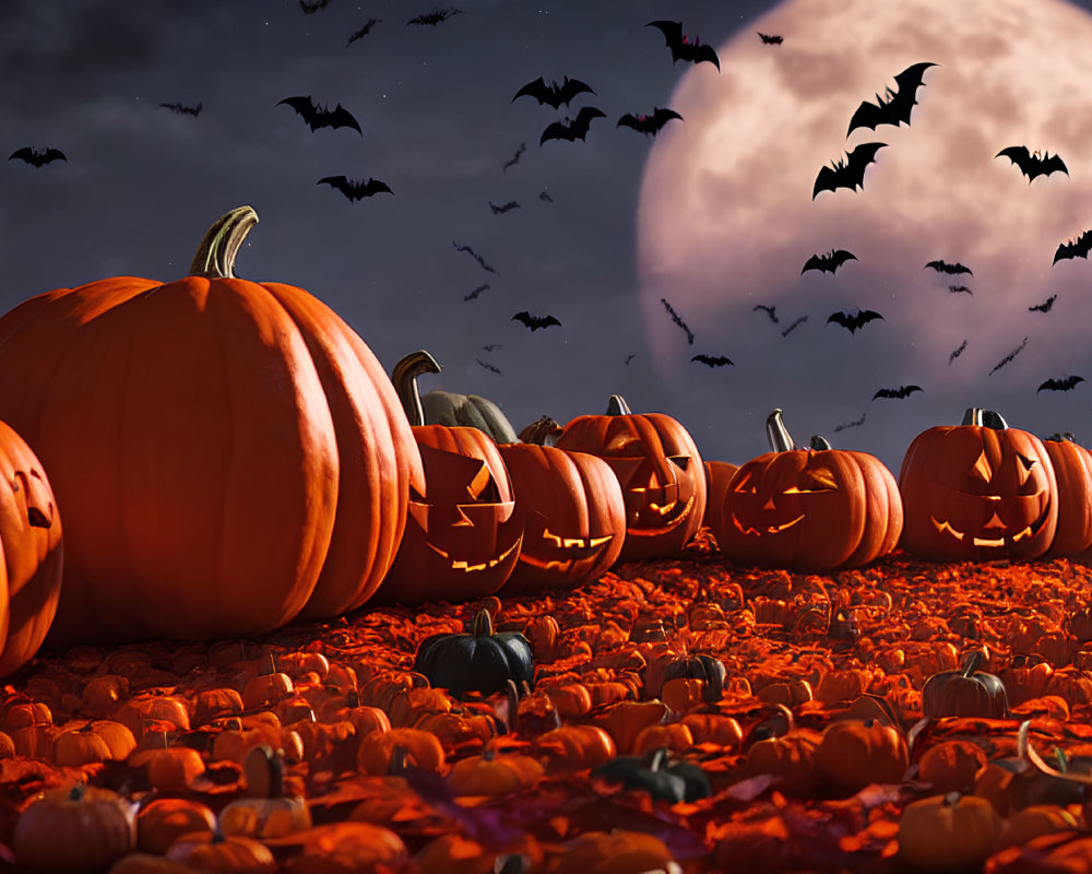 Field of Pumpkins and Jack-o'-lanterns under Full Moon and Bats