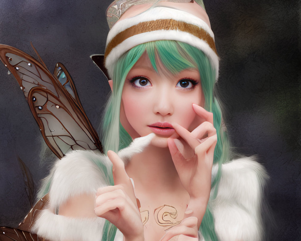 Fantastical image of female with teal hair and pointy ears, wearing fur hat and butterfly wing