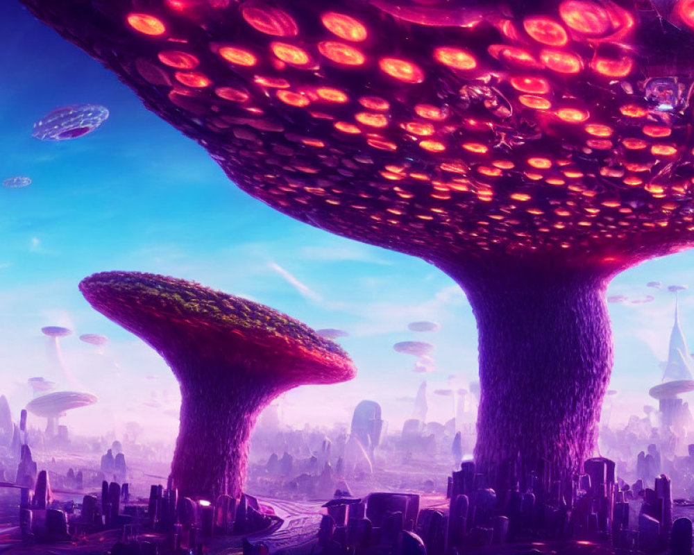 Alien cityscape with mushroom-like towers and flying saucers in purple sky