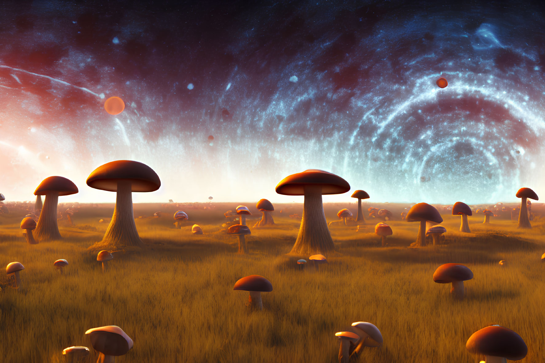 Fantastical landscape with giant mushrooms under starry sky