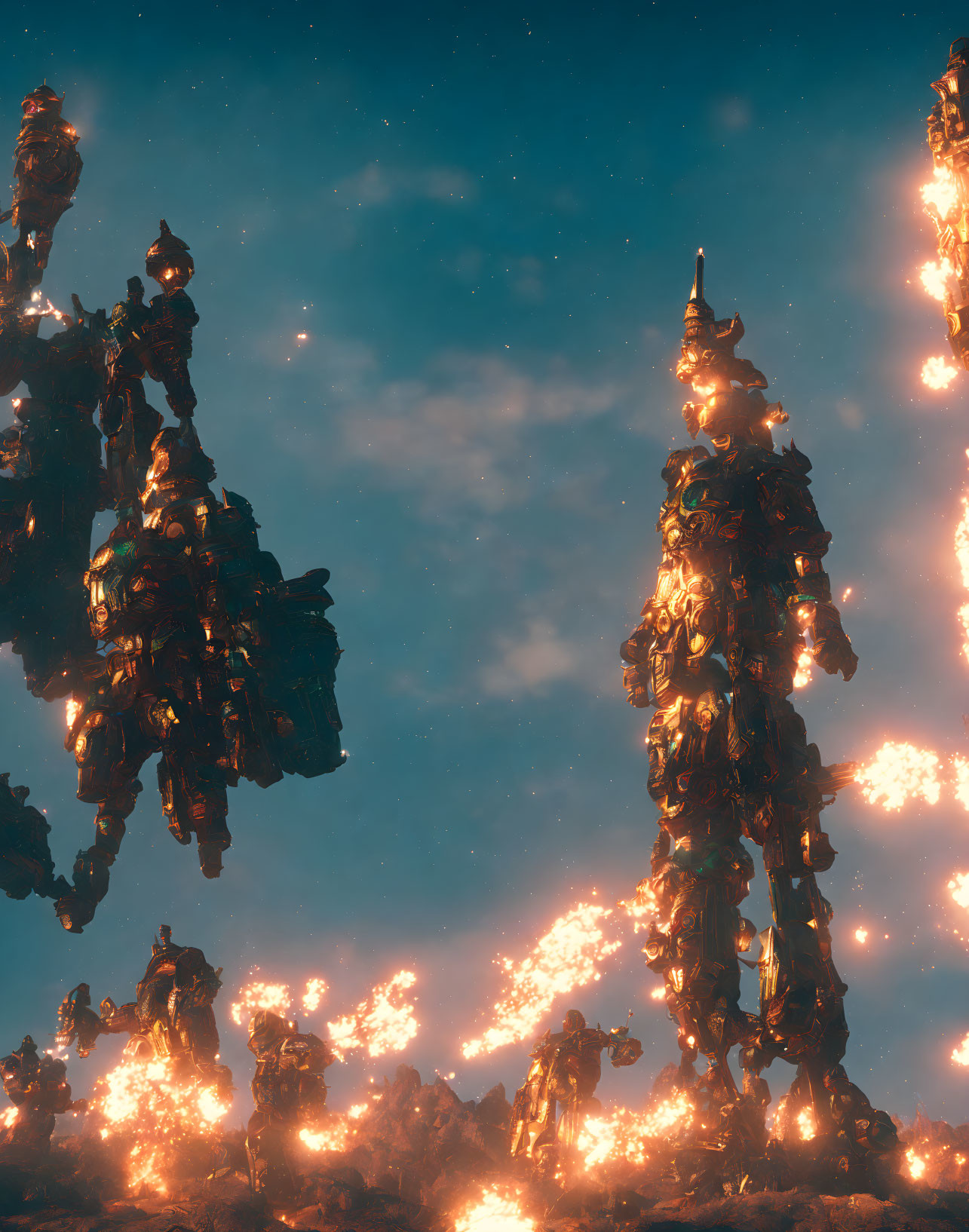 Alien towers in glowing ember landscape under dreamy sky