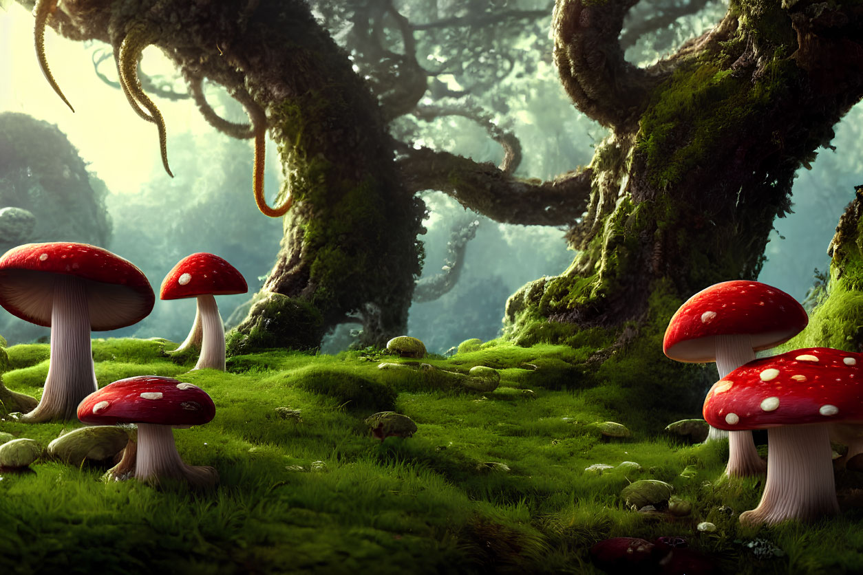 Misty forest with oversized red-capped mushrooms and ancient trees