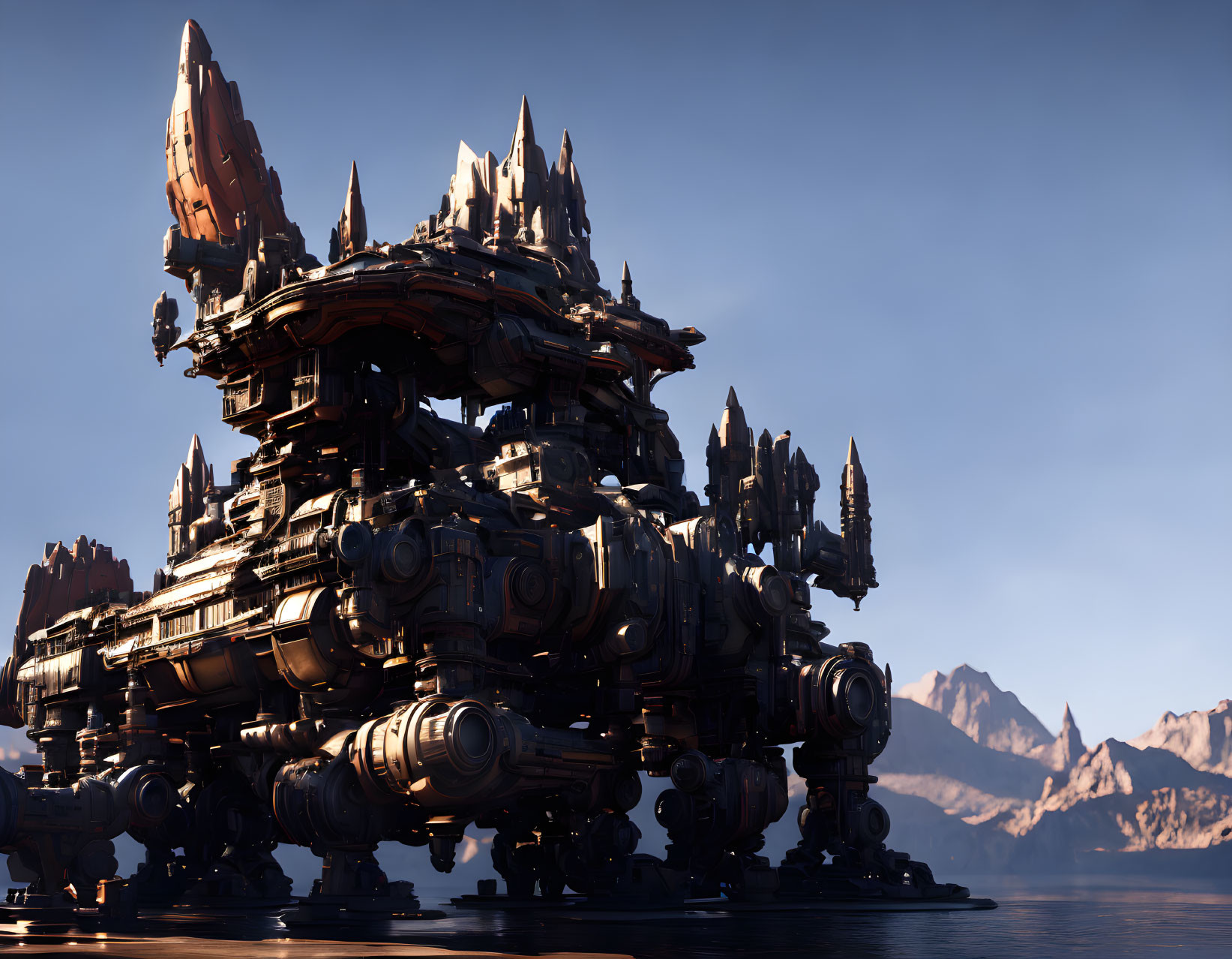 Futuristic mechanical structure with spires near lake and mountains