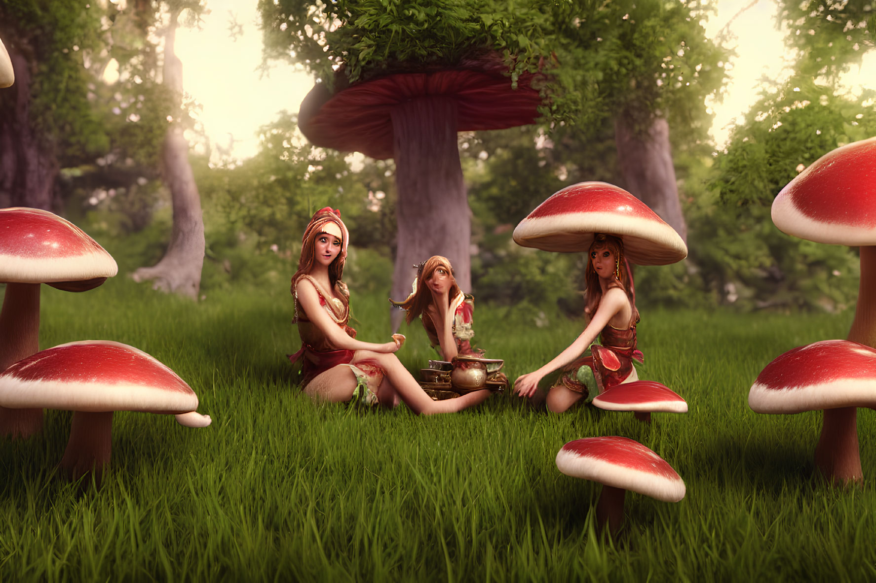 Animated fairy-like characters under giant mushrooms in a magical forest.