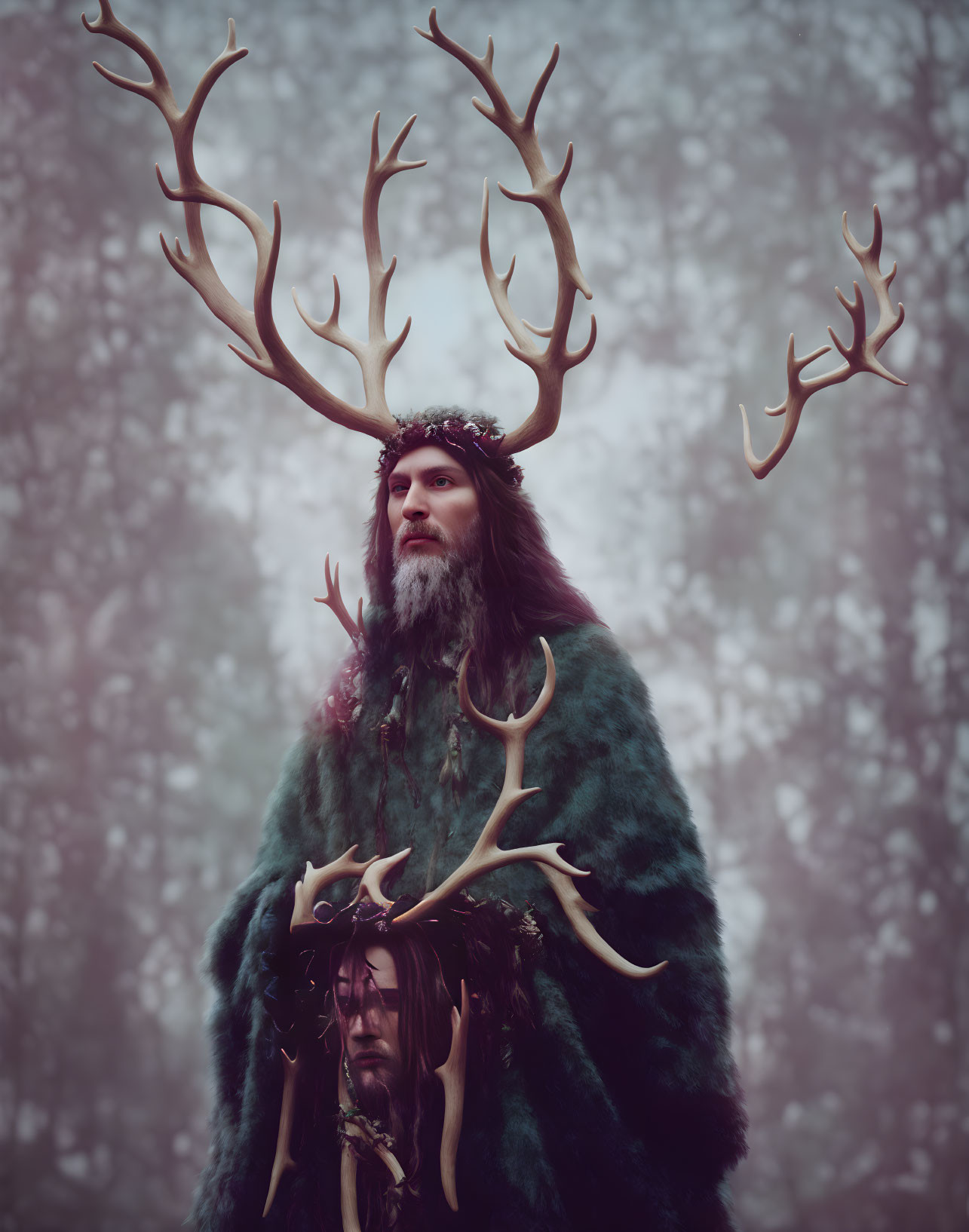 Person in Forest-Themed Attire with Large Antlers in Misty Woods