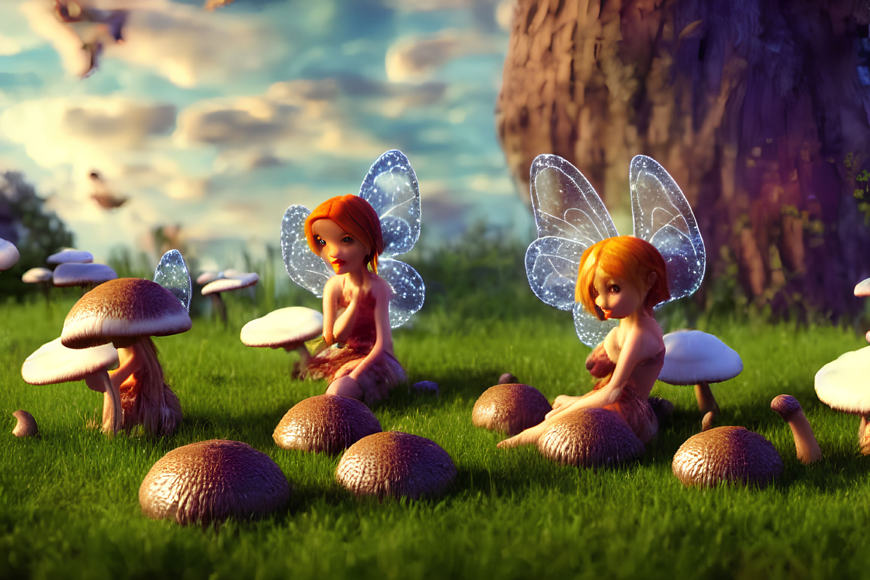 Translucent-winged fairies on oversized mushrooms in sunlit forest