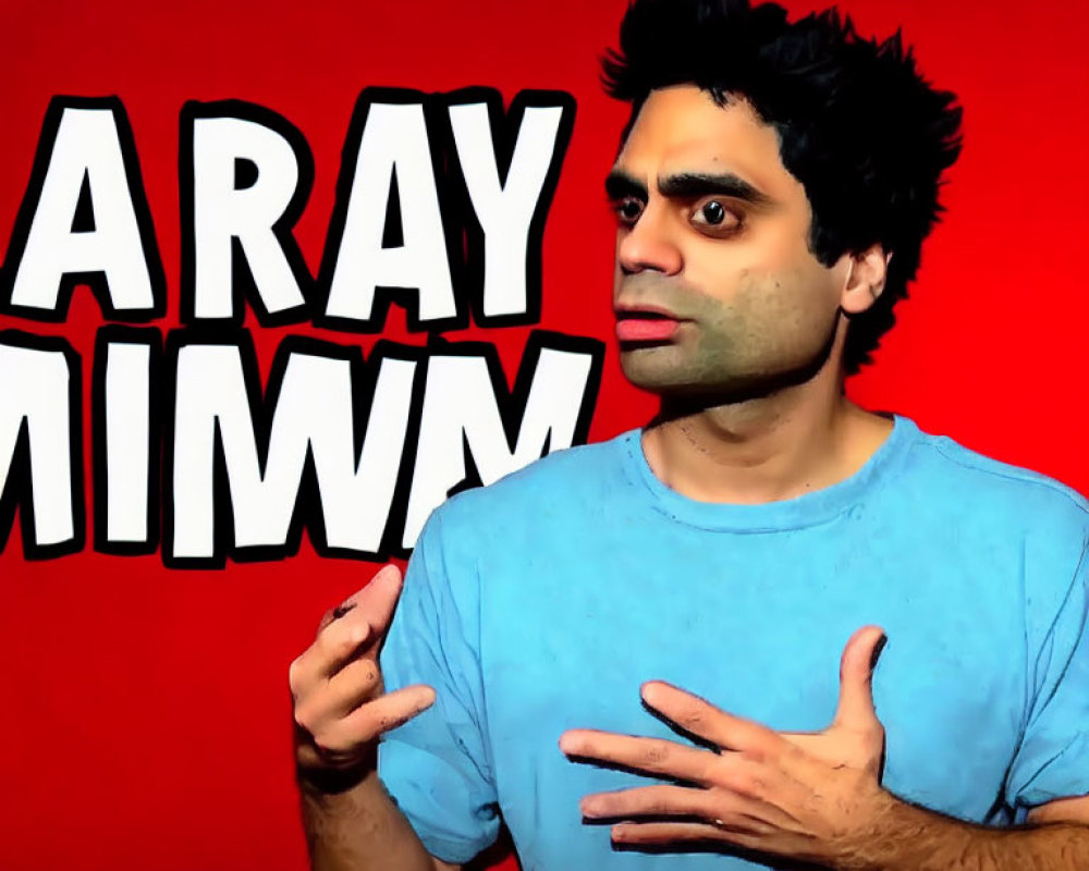 Surprised man with messy hair against red background with "ARAY MIYA" text