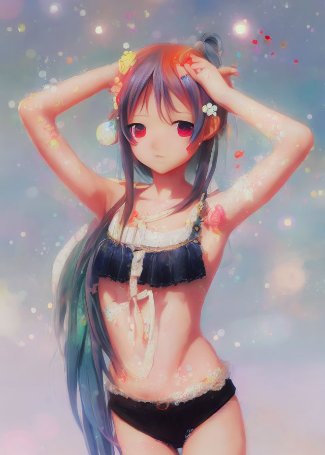 Blue-haired girl in black bikini with pink eyes and flowers on sparkly background