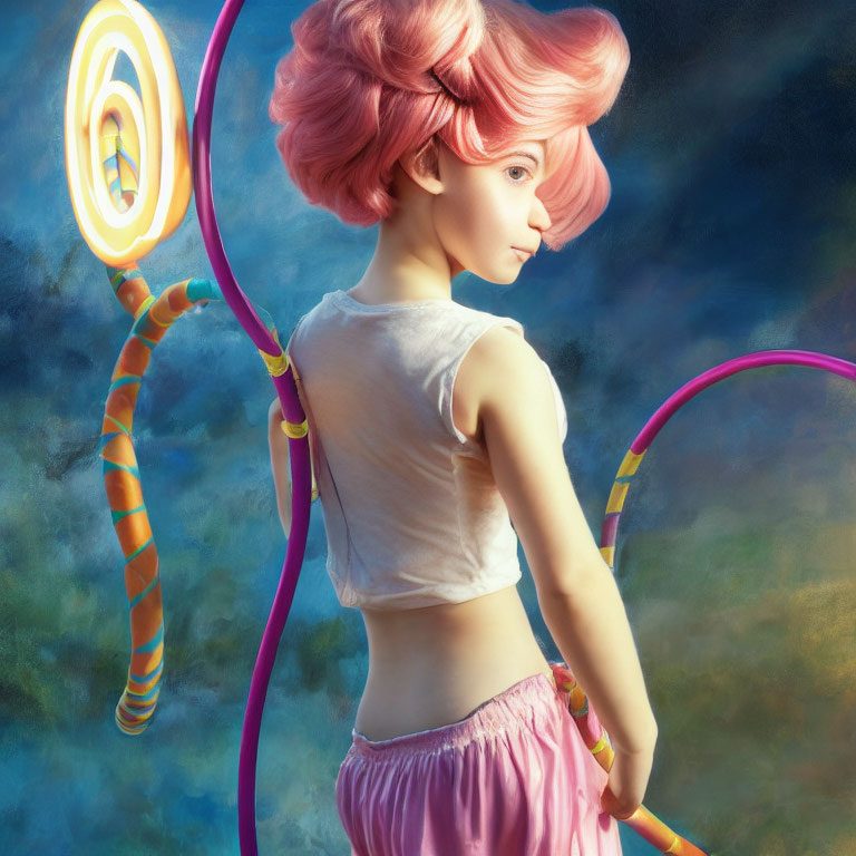 Portrait of person with pink hair in bun, facing away, with surreal colorful background.