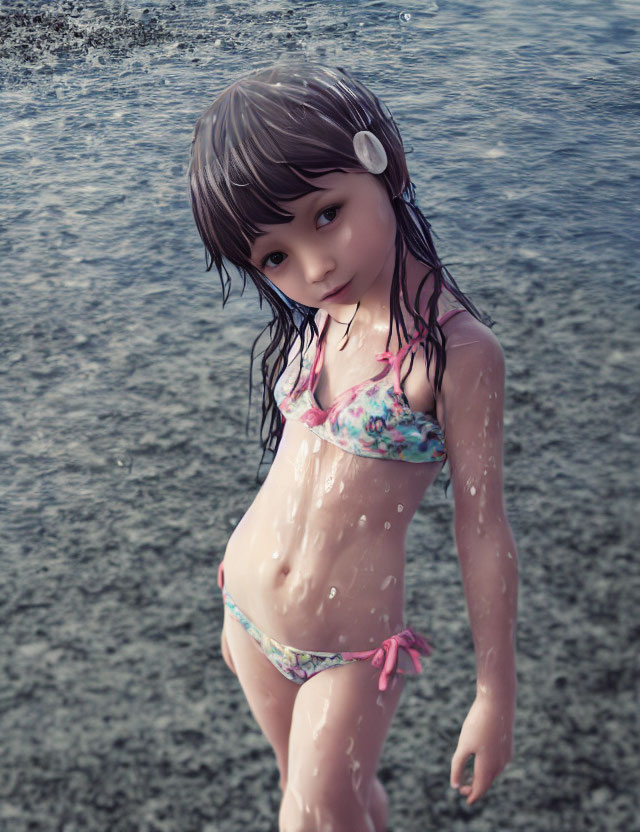 Digital artwork: Young girl in floral bikini standing in water with wet hair