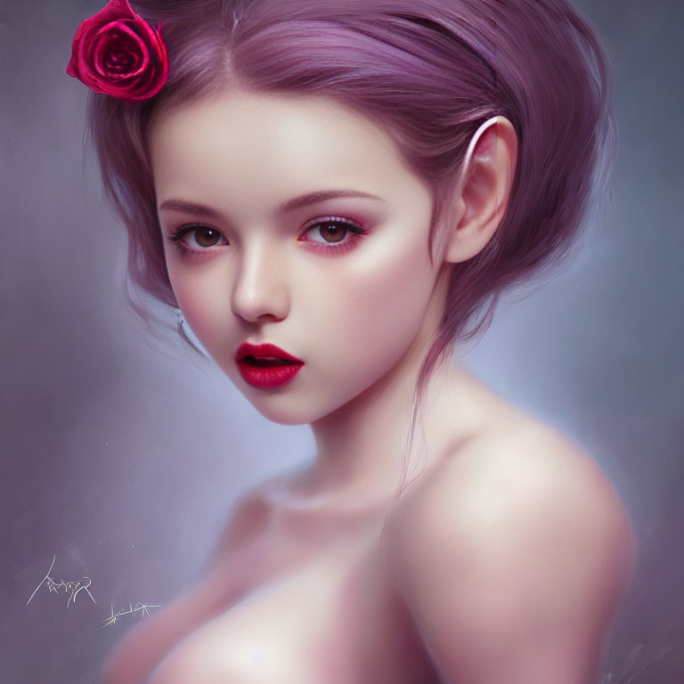 Digital portrait of woman with purple hair, red lips, rose in hair, on soft grey background