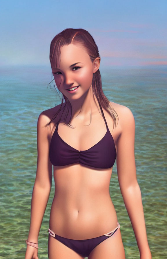 Smiling young female in purple bikini by ocean