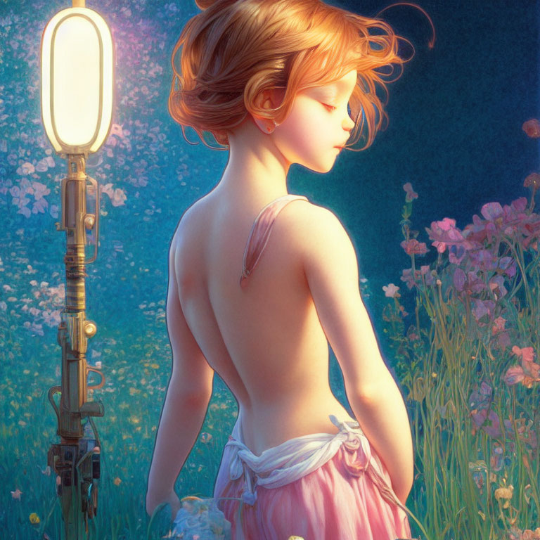 Auburn-Haired Girl in Pink Skirt Stands in Blooming Meadow at Twilight