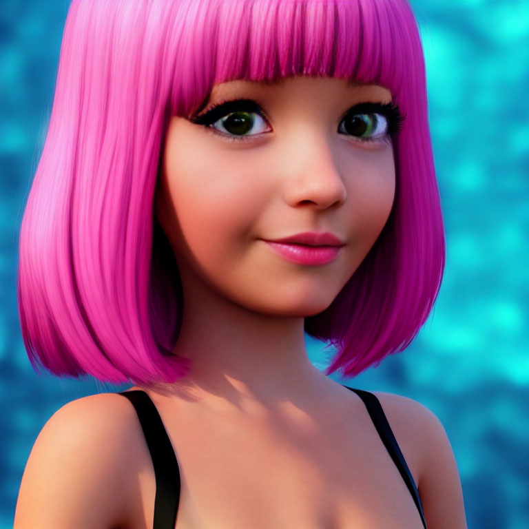 Vibrant 3D Illustration: Girl with Pink Hair & Brown Eyes on Blue Bokeh