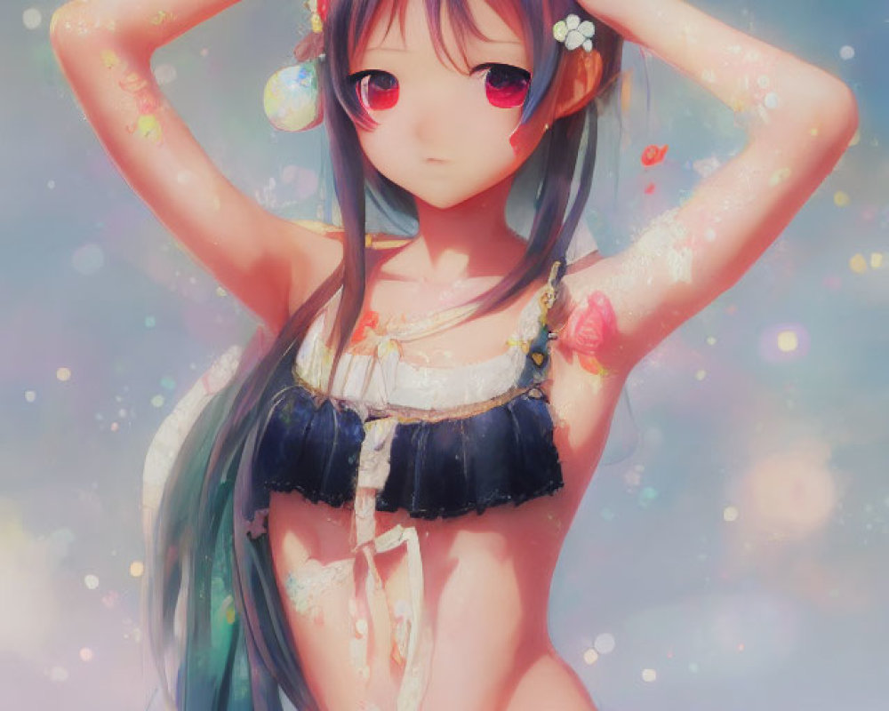 Blue-haired girl in black bikini with pink eyes and flowers on sparkly background