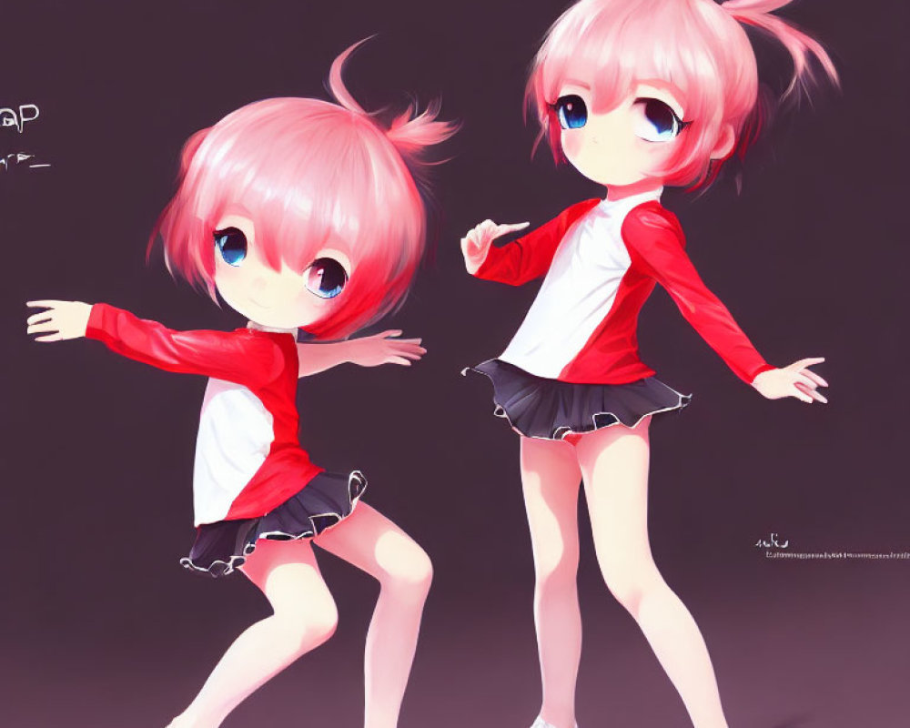 Anime-style characters with pink hair in red and white outfits posing on dark background