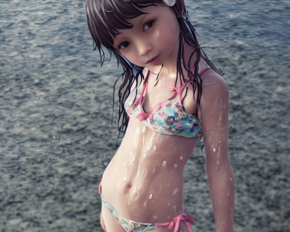 Digital artwork: Young girl in floral bikini standing in water with wet hair