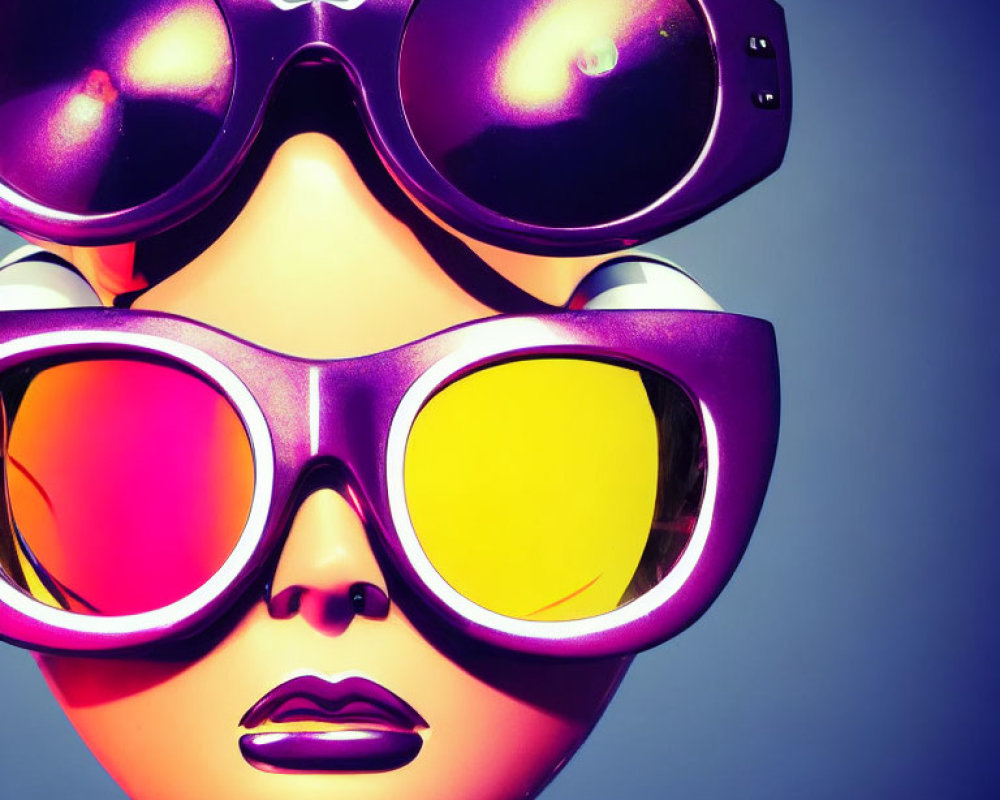 Mannequin head with oversized purple sunglasses on cool-toned background