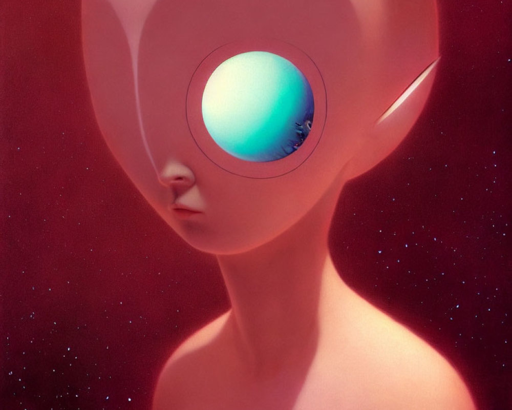 Surreal humanoid figure with cosmic void on red background