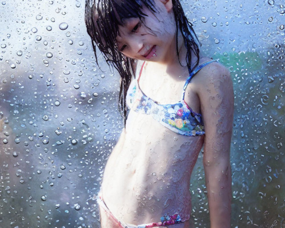 Young girl in floral swimsuit smiling behind wet glass pane on sunny day