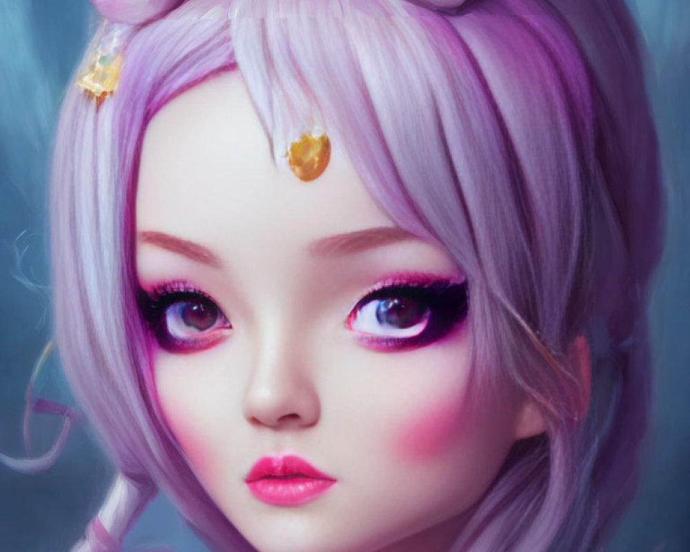 Fantasy character with purple hair and expressive eyes, bow and golden details