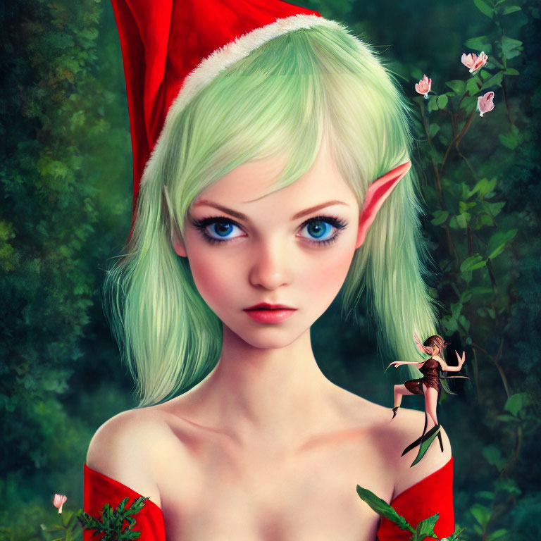 Fantasy elf with green hair, Santa hat, and fairy in pink flower setting