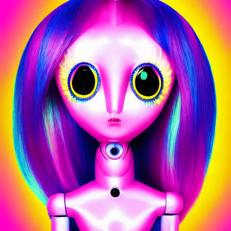 Colorful digital artwork of humanoid robot with expressive eyes & vibrant color palette