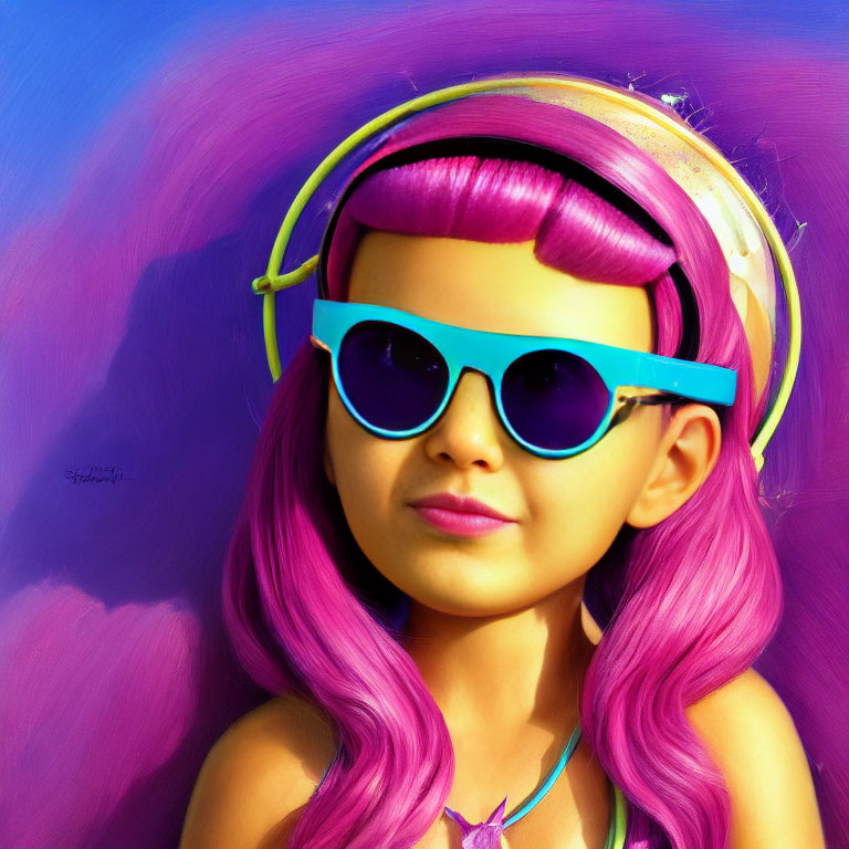 Colorful illustration of girl with pink hair and sunglasses on vibrant background.