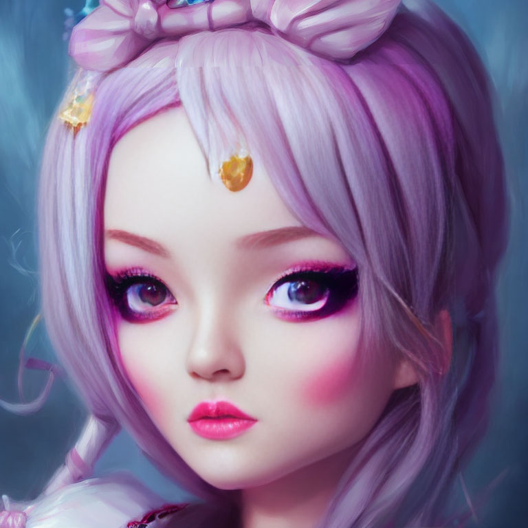 Fantasy character with purple hair and expressive eyes, bow and golden details