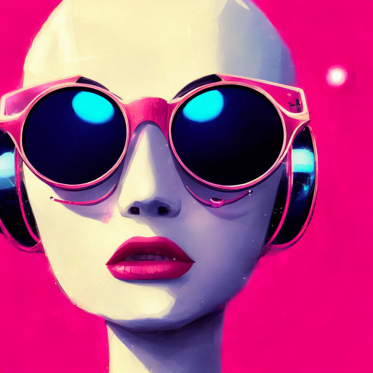 Stylized image of female figure with oversized pink sunglasses and red lips